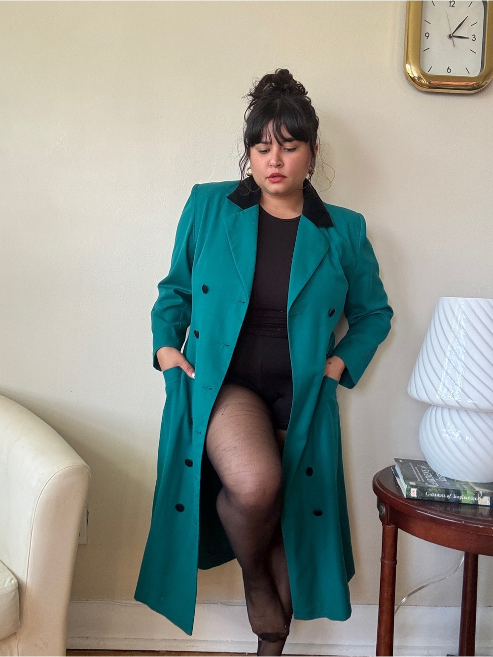 Teal Double-Breasted Long Coat with Black Collar